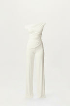 Asymmetrische Off-Shoulder Set met Ruches – Elegante Tweedelige Outfit met Hoge Taille en Slank Silhouet