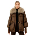 Black Puffer Jacket for Women with Detachable Fur Collar – Water-Resistant Long Puffer Coat 0