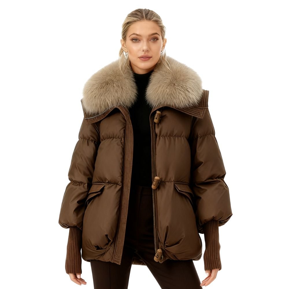 Black Puffer Jacket for Women with Detachable Fur Collar – Water-Resistant Long Puffer Coat 0