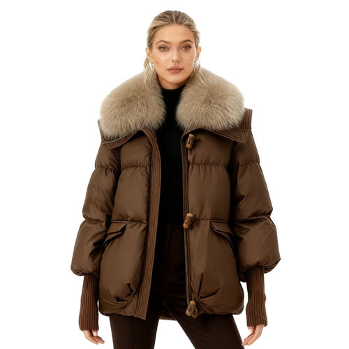 Black Puffer Jacket for Women with Detachable Fur Collar – Water-Resistant Long Puffer Coat 0