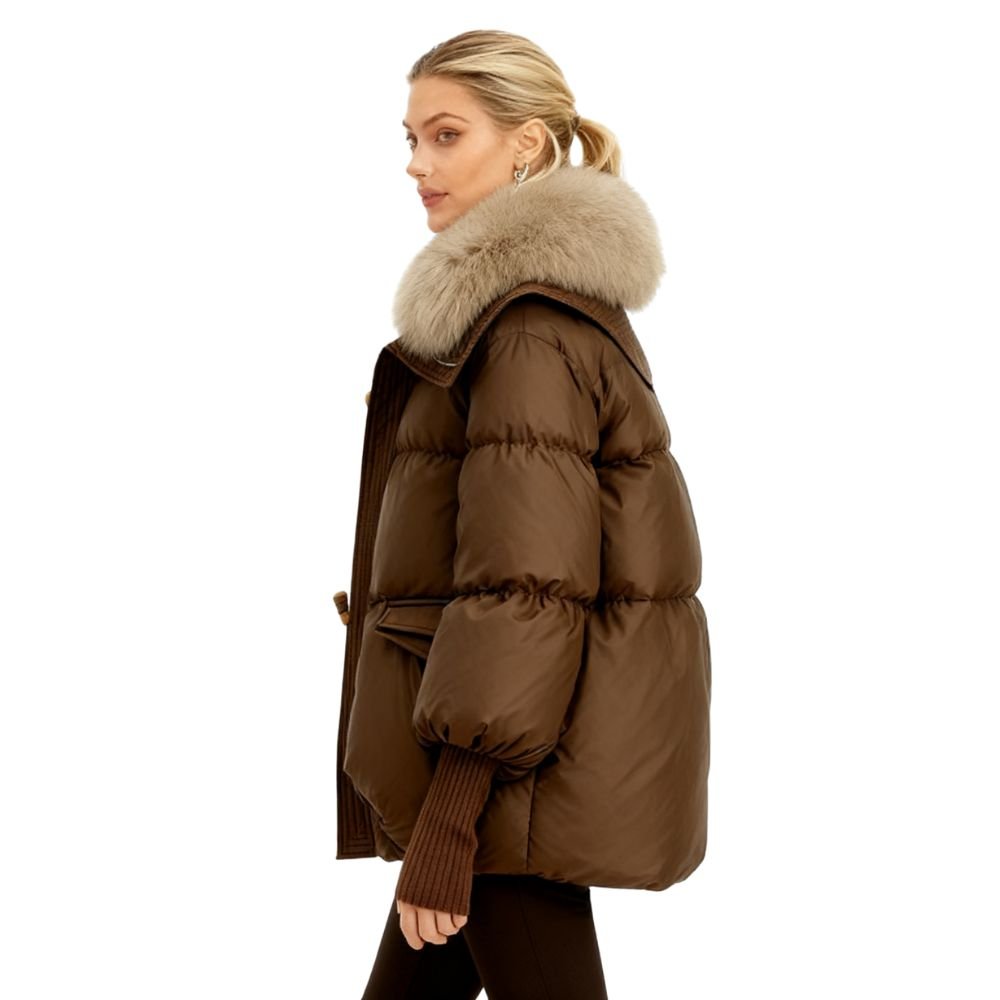 Black Puffer Jacket for Women with Detachable Fur Collar – Water-Resistant Long Puffer Coat 1