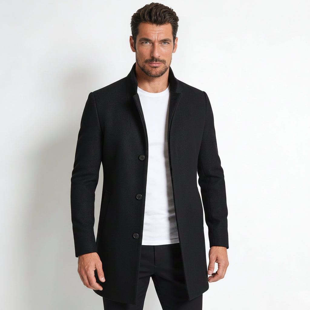 Black Wool Blend Overcoat for Men – Tailored Winter Coat with Minimalist Design, Knee-Length Outerwear 0