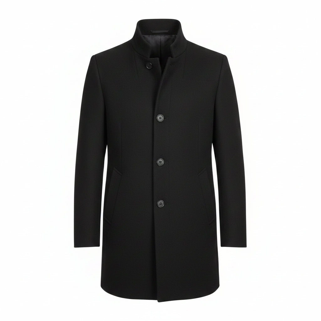 Black Wool Blend Overcoat for Men – Tailored Winter Coat with Minimalist Design, Knee-Length Outerwear 1
