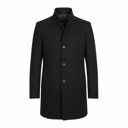Black Wool Blend Overcoat for Men – Tailored Winter Coat with Minimalist Design, Knee-Length Outerwear 1