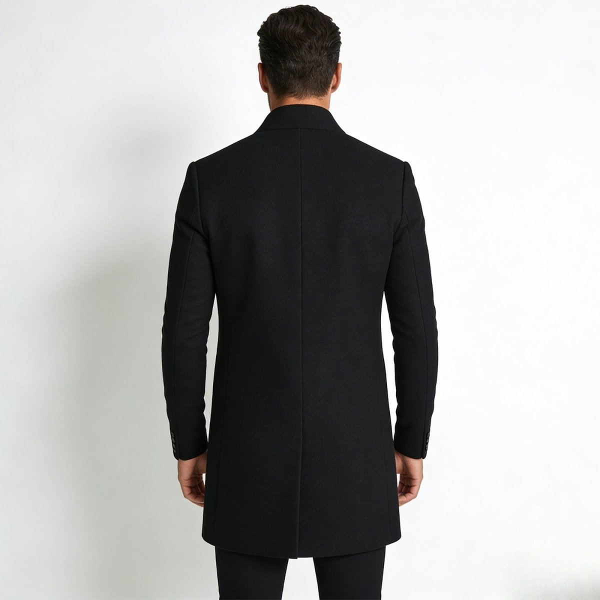Black Wool Blend Overcoat for Men – Tailored Winter Coat with Minimalist Design, Knee-Length Outerwear 2