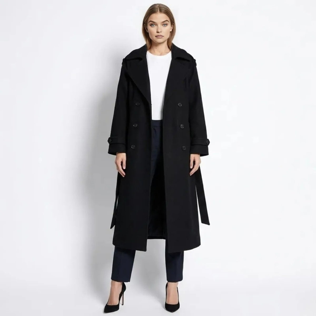 Black Wool Trench Coat for Women with Wide Lapels and Satin Lining – Double-Breasted Warmth and Timeless Style 0
