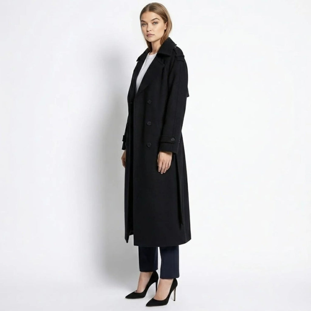 Black Wool Trench Coat for Women with Wide Lapels and Satin Lining – Double-Breasted Warmth and Timeless Style 1