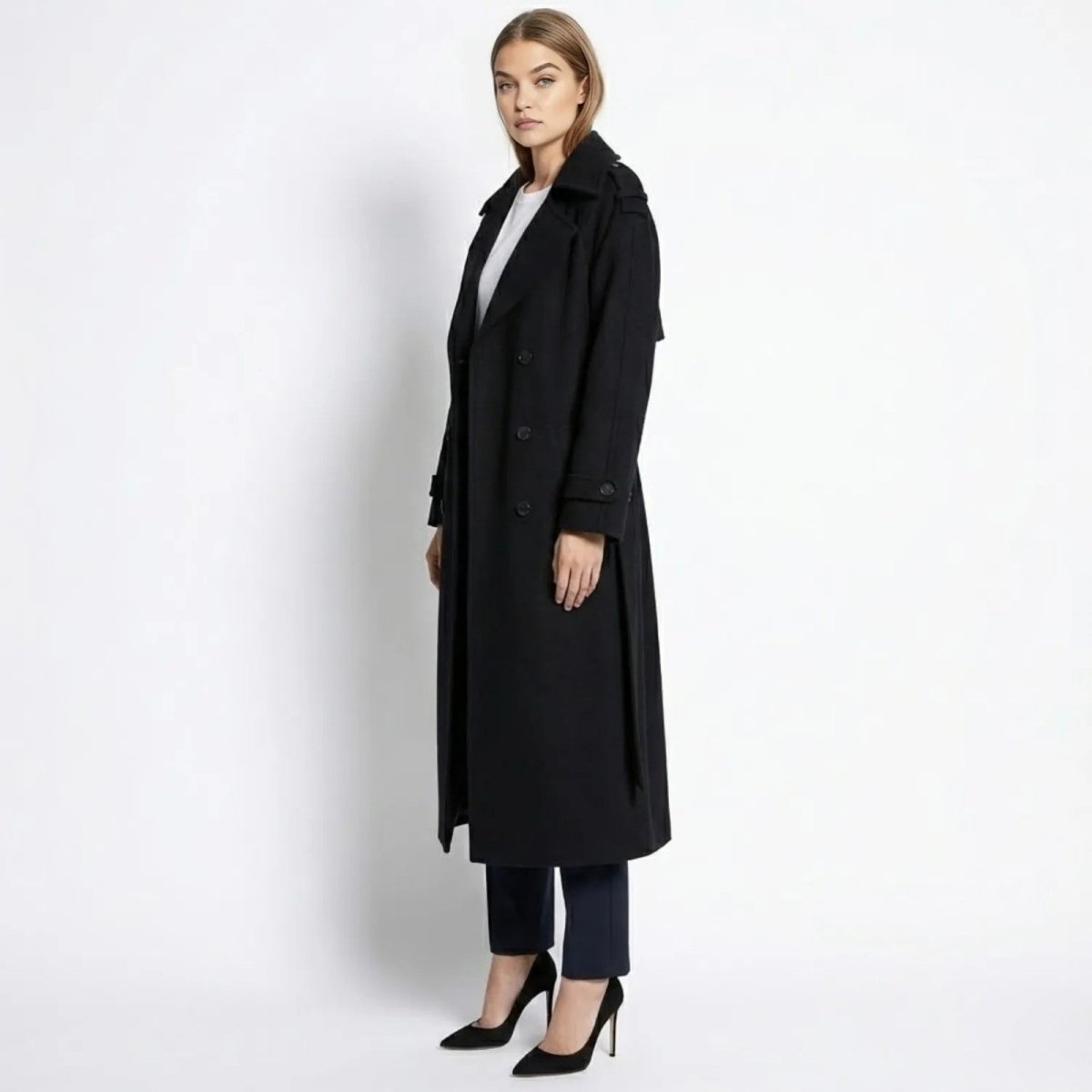 Black Wool Trench Coat for Women with Wide Lapels and Satin Lining – Double-Breasted Warmth and Timeless Style 1
