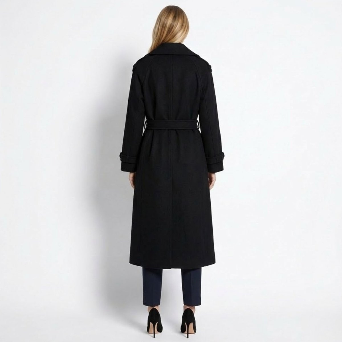 Black Wool Trench Coat for Women with Wide Lapels and Satin Lining – Double-Breasted Warmth and Timeless Style 2