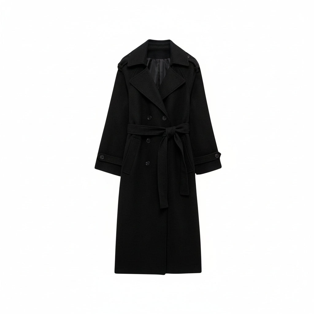 Black Wool Trench Coat for Women with Wide Lapels and Satin Lining – Double-Breasted Warmth and Timeless Style 3