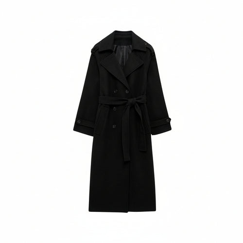 Black Wool Trench Coat for Women with Wide Lapels and Satin Lining – Double-Breasted Warmth and Timeless Style 3