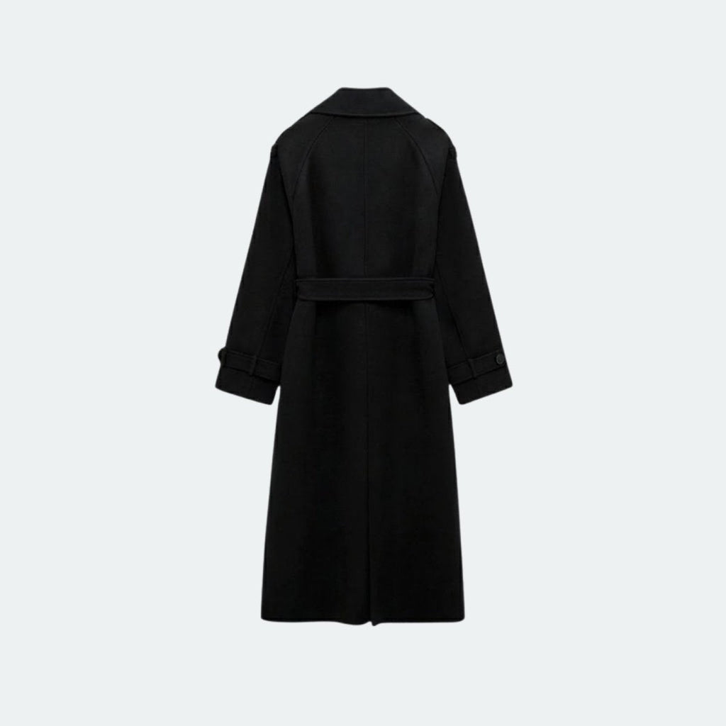 Black Wool Trench Coat for Women with Wide Lapels and Satin Lining – Double-Breasted Warmth and Timeless Style 4