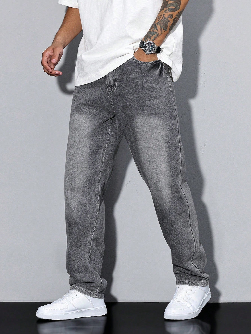 Casual Men's Jeans, Loose Fit Solid Color, Comfortable Cotton Blend with Practical Pockets, All-Season Wear 0
