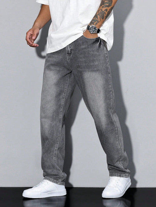 Casual Men's Jeans, Loose Fit Solid Color, Comfortable Cotton Blend with Practical Pockets, All-Season Wear 0