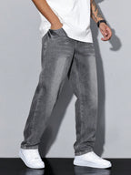 Casual Men's Jeans, Loose Fit Solid Color, Comfortable Cotton Blend with Practical Pockets, All-Season Wear 1