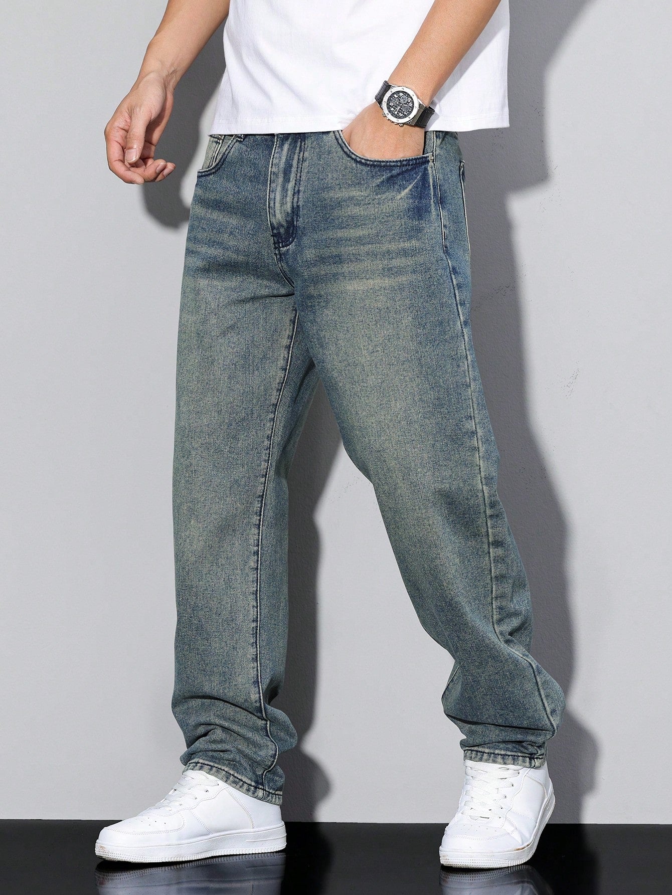 Casual Men's Jeans, Loose Fit Solid Color, Comfortable Cotton Blend with Practical Pockets, All-Season Wear 10