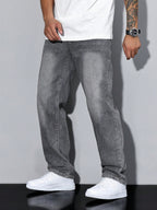 Casual Men's Jeans, Loose Fit Solid Color, Comfortable Cotton Blend with Practical Pockets, All-Season Wear 3