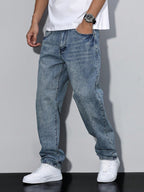 Casual Men's Jeans, Loose Fit Solid Color, Comfortable Cotton Blend with Practical Pockets, All-Season Wear 4