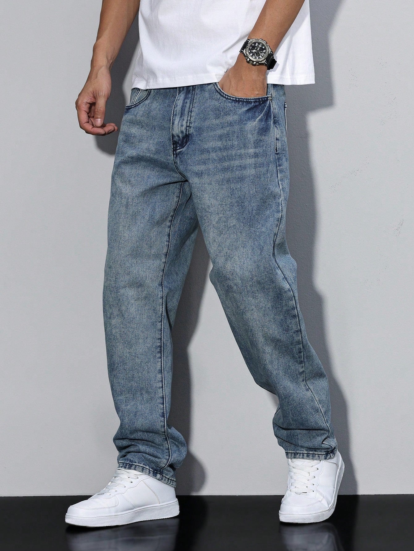 Casual Men's Jeans, Loose Fit Solid Color, Comfortable Cotton Blend with Practical Pockets, All-Season Wear 4