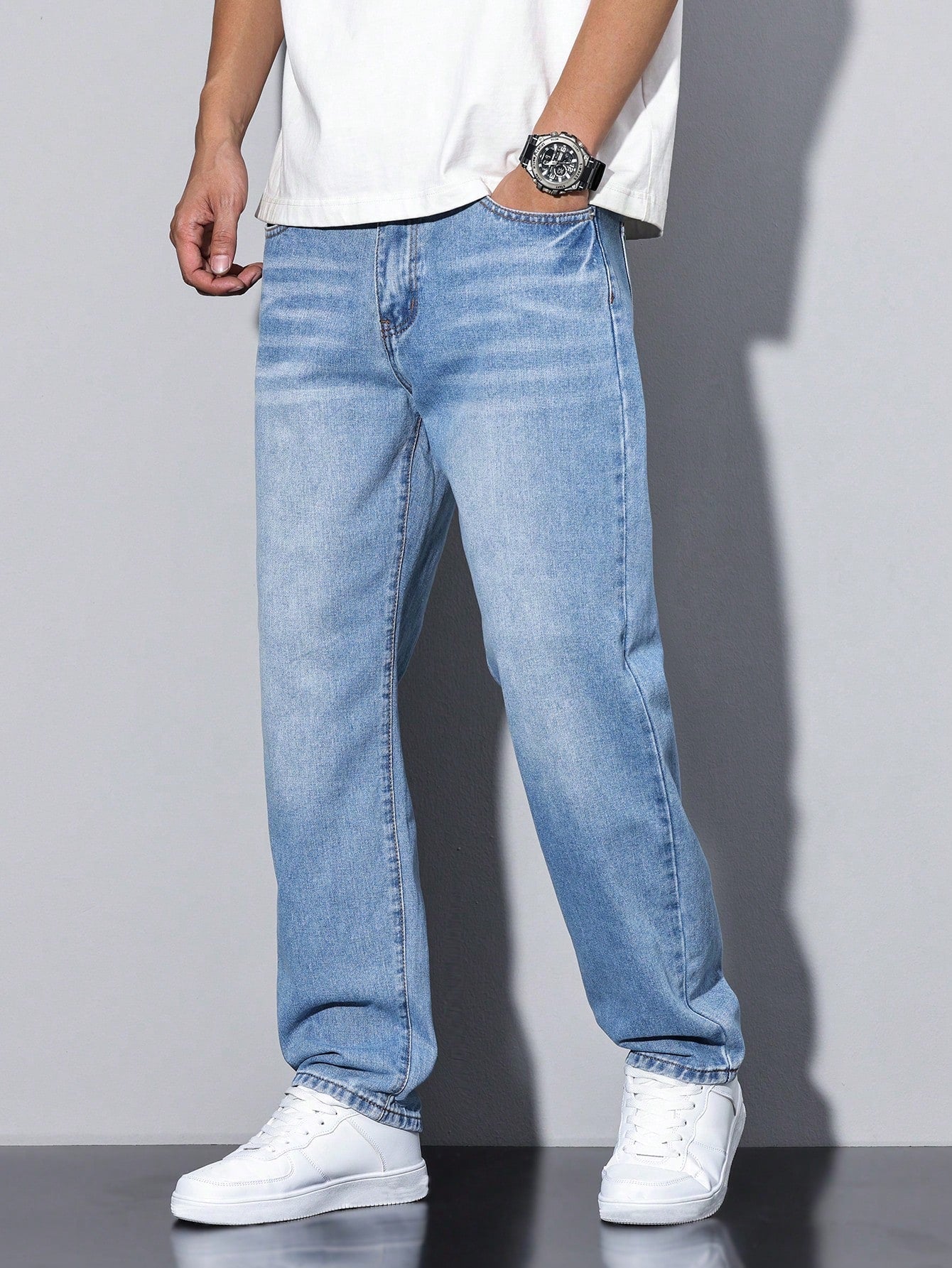 Casual Men's Jeans, Loose Fit Solid Color, Comfortable Cotton Blend with Practical Pockets, All-Season Wear 6