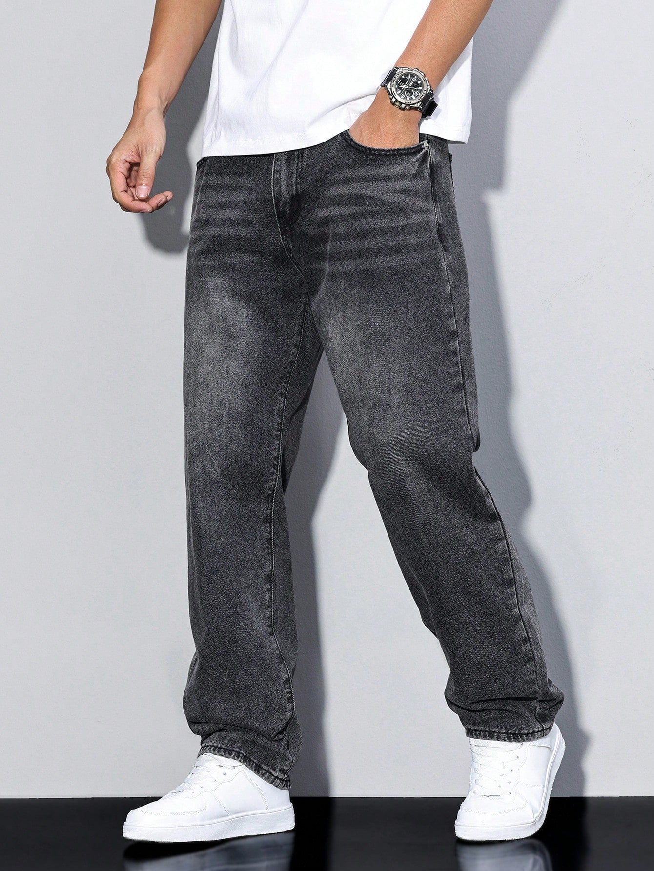 Casual Men's Jeans, Loose Fit Solid Color, Comfortable Cotton Blend with Practical Pockets, All-Season Wear 9