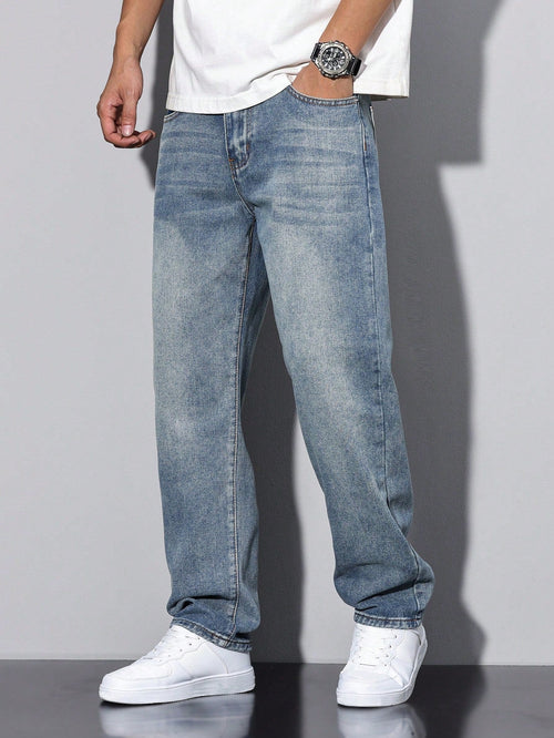 Casual Washed Men's Jeans, Straight Leg Fit, Cotton Blend, Comfortable All-Season Wear, Practical Pockets 0