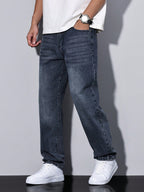 Casual Washed Men's Jeans, Straight Leg Fit, Cotton Blend, Comfortable All-Season Wear, Practical Pockets 4