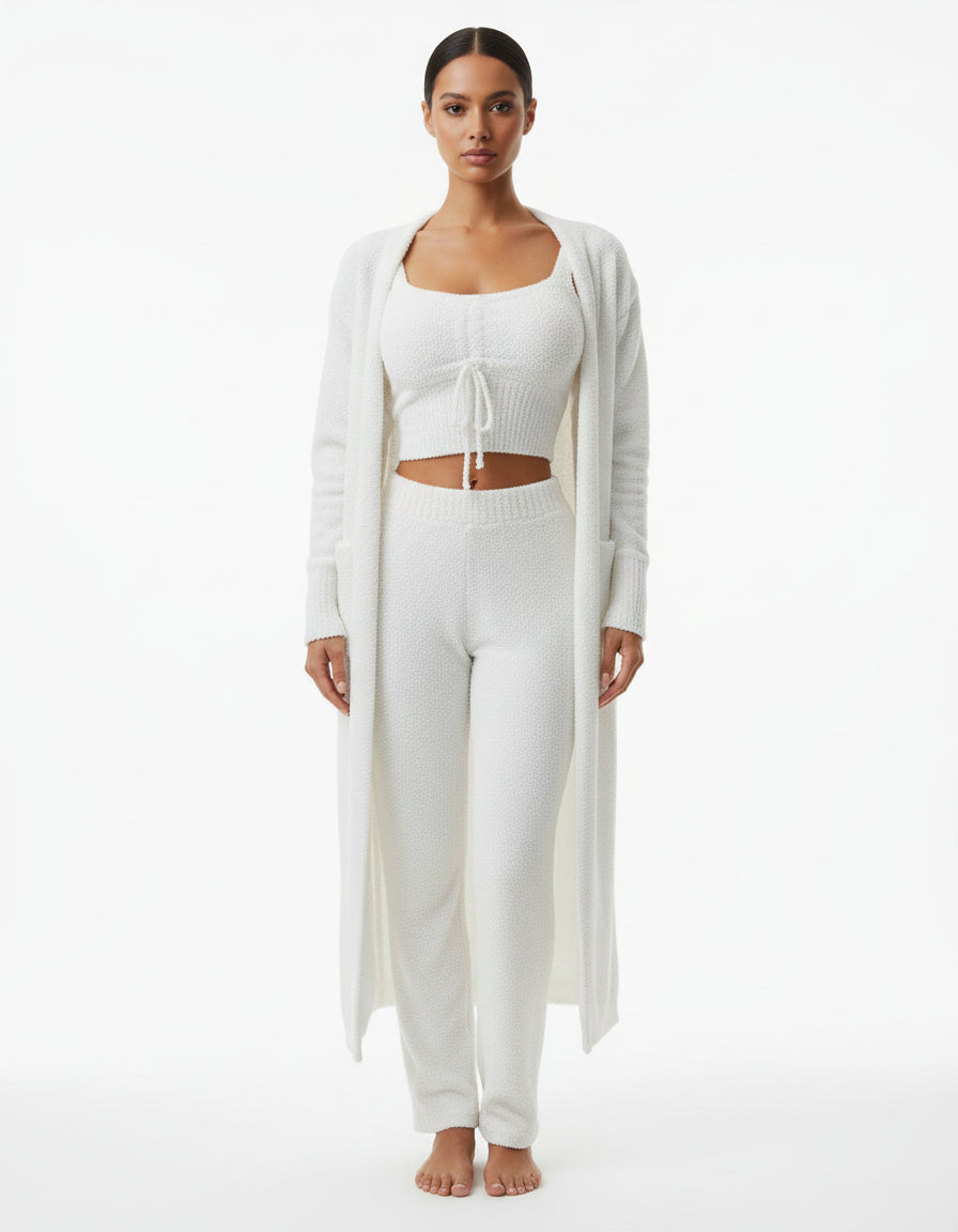 Dames Pyjama Set van Pluche Fleece – Winter Pyjama met Crop Top, Lange Broek en Jas, Perfect voor Matching Pyjama Feesten 2