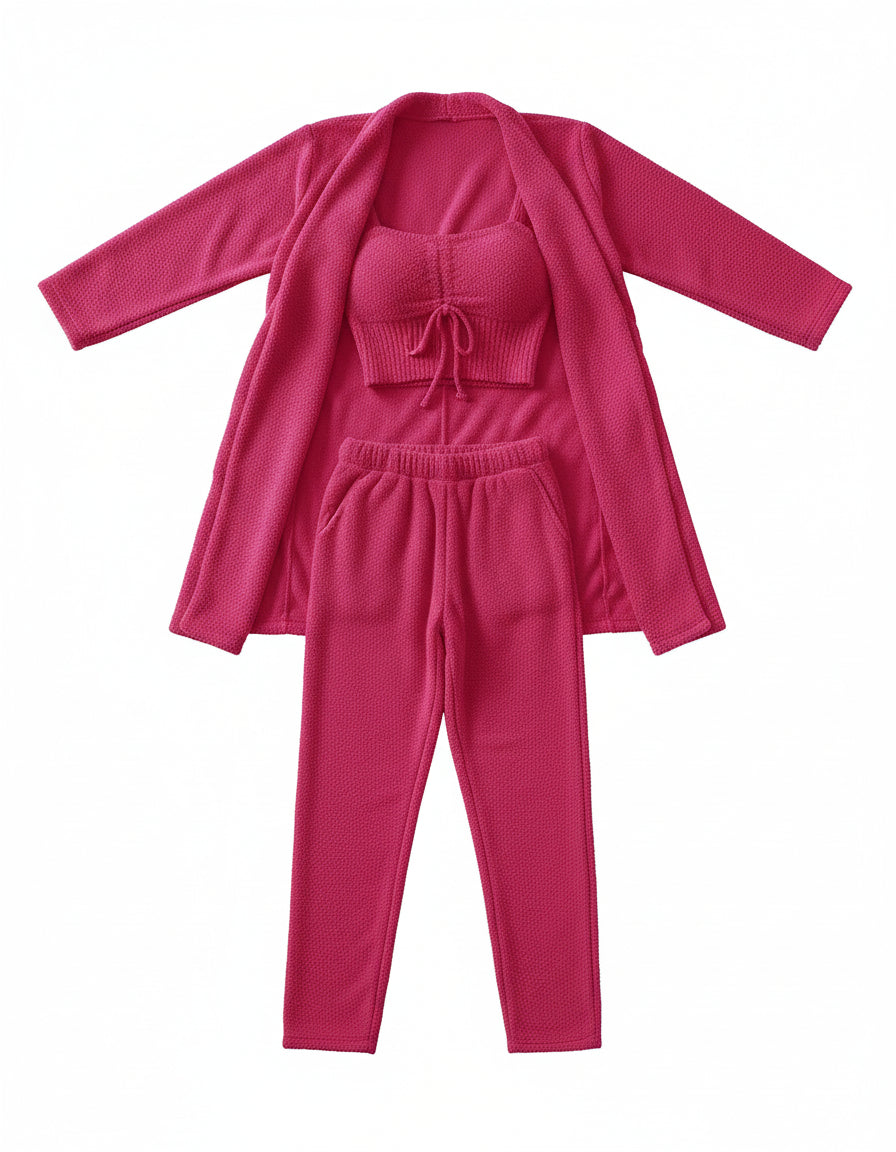 Dames Pyjama Set van Pluche Fleece – Winter Pyjama met Crop Top, Lange Broek en Jas, Perfect voor Matching Pyjama Feesten 3