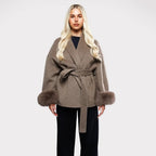 Elegant Brown Wool Coat for Women with Fox Fur Cuffs and Self-Tie Belt – Lightweight Virgin Wool Blend 0