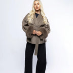 Elegant Brown Wool Coat for Women with Fox Fur Cuffs and Self-Tie Belt – Lightweight Virgin Wool Blend 1