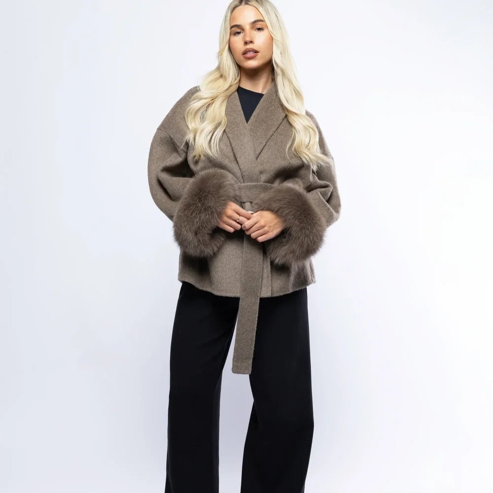 Elegant Brown Wool Coat for Women with Fox Fur Cuffs and Self-Tie Belt – Lightweight Virgin Wool Blend 1