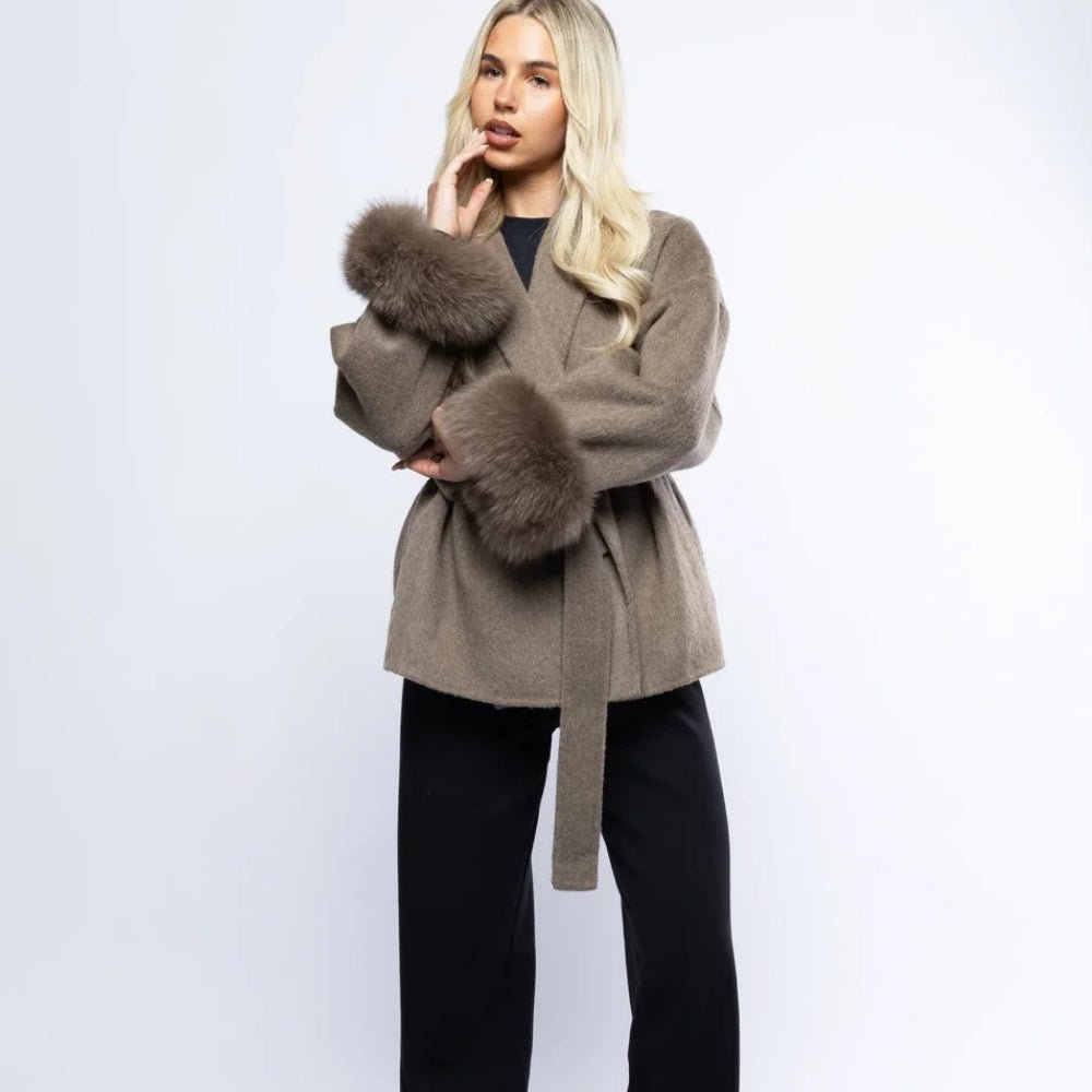 Elegant Brown Wool Coat for Women with Fox Fur Cuffs and Self-Tie Belt – Lightweight Virgin Wool Blend 2