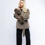 Elegant Brown Wool Coat for Women with Fox Fur Cuffs and Self-Tie Belt – Lightweight Virgin Wool Blend 2