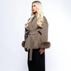 Elegant Brown Wool Coat for Women with Fox Fur Cuffs and Self-Tie Belt – Lightweight Virgin Wool Blend 3