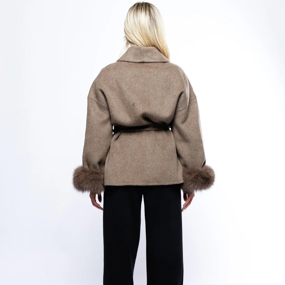 Elegant Brown Wool Coat for Women with Fox Fur Cuffs and Self-Tie Belt – Lightweight Virgin Wool Blend 4