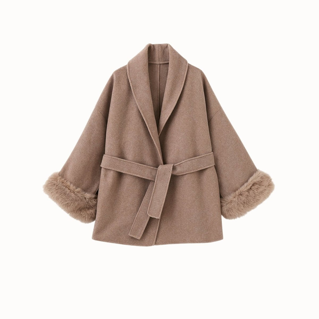 Elegant Brown Wool Coat for Women with Fox Fur Cuffs and Self-Tie Belt – Lightweight Virgin Wool Blend 7