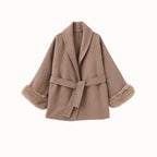 Elegant Brown Wool Coat for Women with Fox Fur Cuffs and Self-Tie Belt – Lightweight Virgin Wool Blend 7
