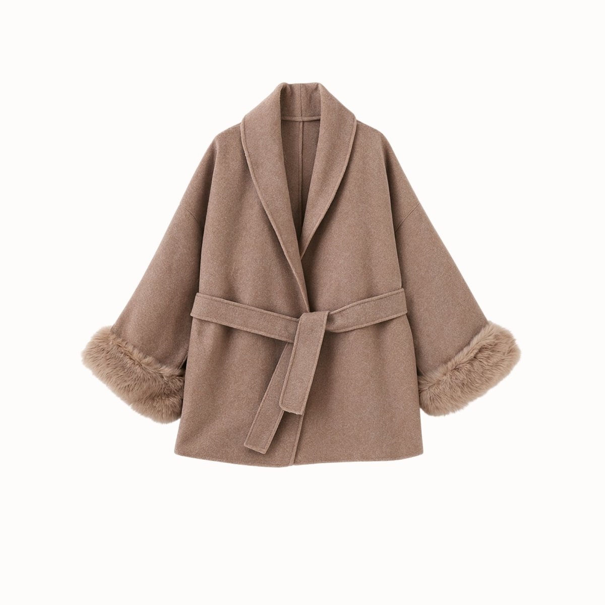 Elegant Brown Wool Coat for Women with Fox Fur Cuffs and Self-Tie Belt – Lightweight Virgin Wool Blend 7