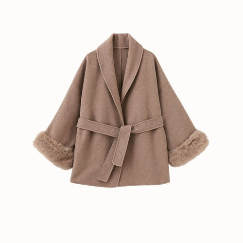 Elegant Brown Wool Coat for Women with Fox Fur Cuffs and Self-Tie Belt – Lightweight Virgin Wool Blend 7