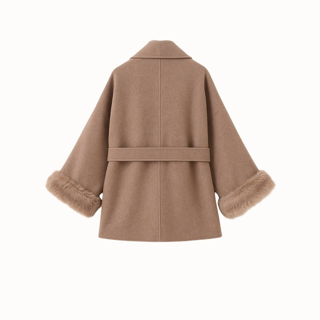 Elegant Brown Wool Coat for Women with Fox Fur Cuffs and Self-Tie Belt – Lightweight Virgin Wool Blend 8