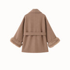 Elegant Brown Wool Coat for Women with Fox Fur Cuffs and Self-Tie Belt – Lightweight Virgin Wool Blend 8