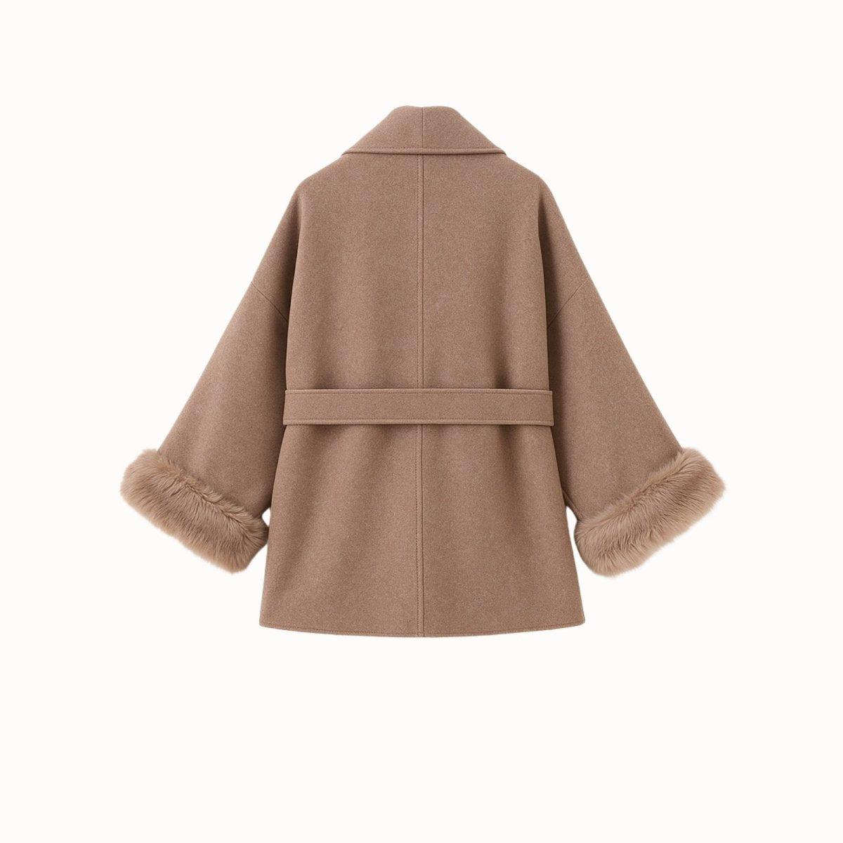 Elegant Brown Wool Coat for Women with Fox Fur Cuffs and Self-Tie Belt – Lightweight Virgin Wool Blend 8