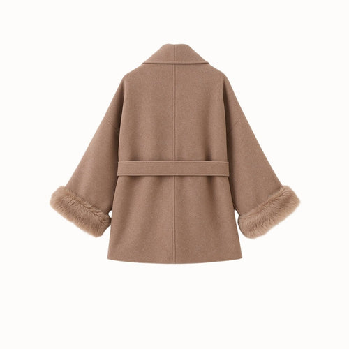 Elegant Brown Wool Coat for Women with Fox Fur Cuffs and Self-Tie Belt – Lightweight Virgin Wool Blend 8