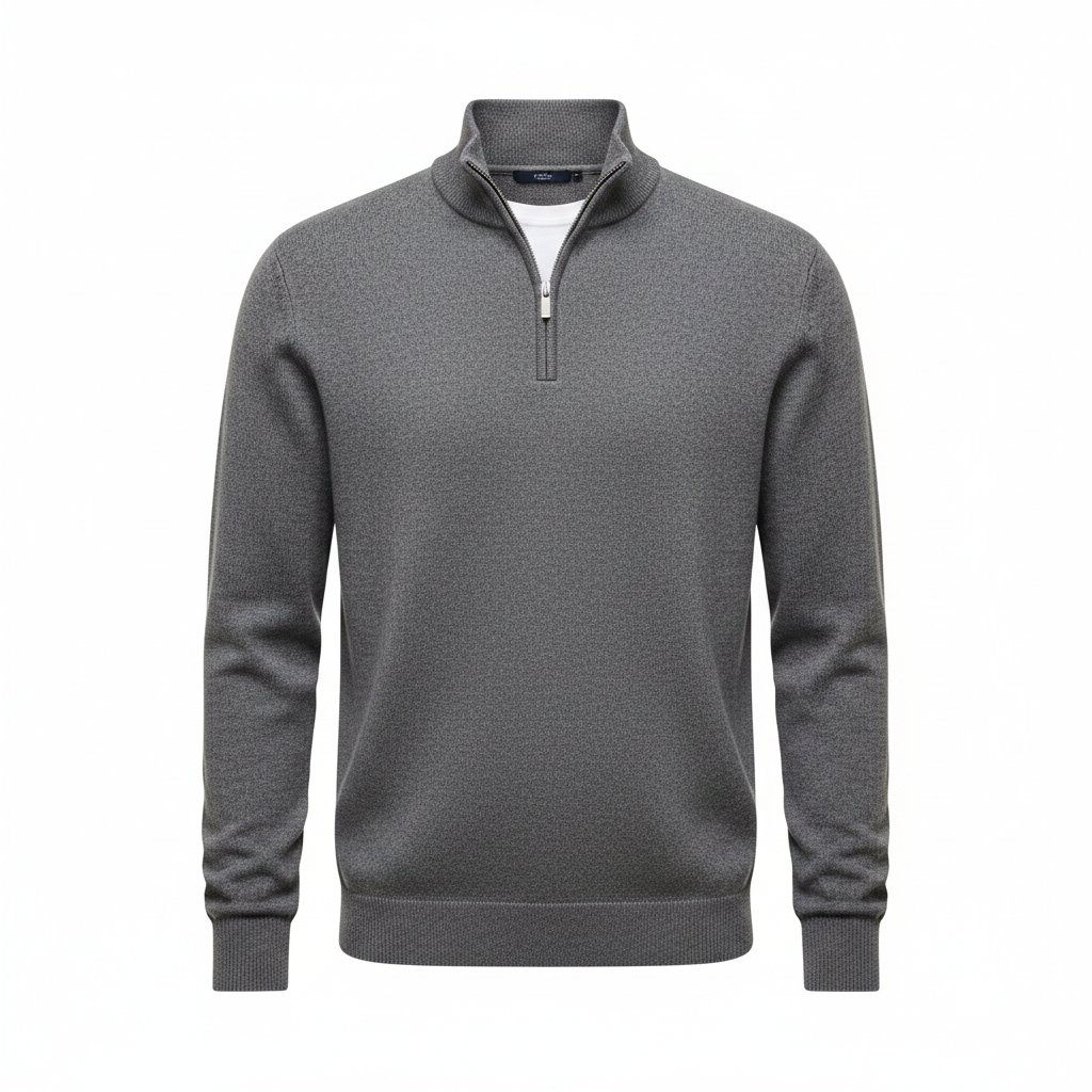 Men's Half-Zip Sweater with Long Sleeves and Ribbed Finishes - Comfortable Knitted Pullover in Multiple Sizes