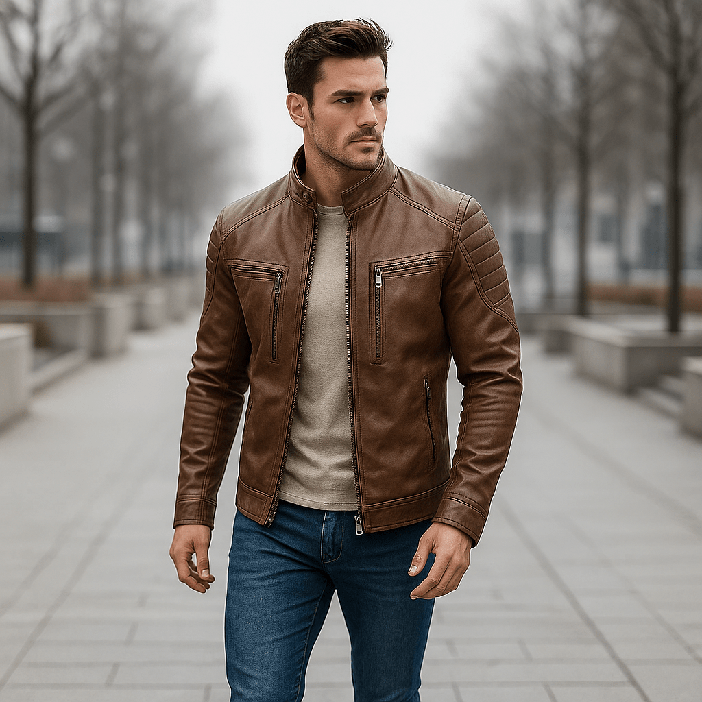 Men's Leather Jacket with Stand-Up Collar – Durable PU Leather for Autumn and Winter Casual Wear 1