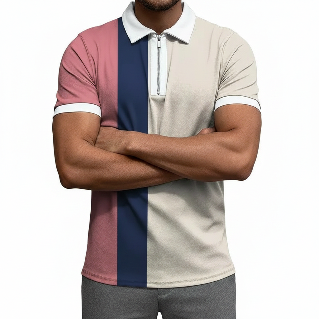 Men's Polo Shirt with Zipper, Elastic Sleeves, and Stylish Design – Comfortable Casual Summer Wear in Multiple Colors