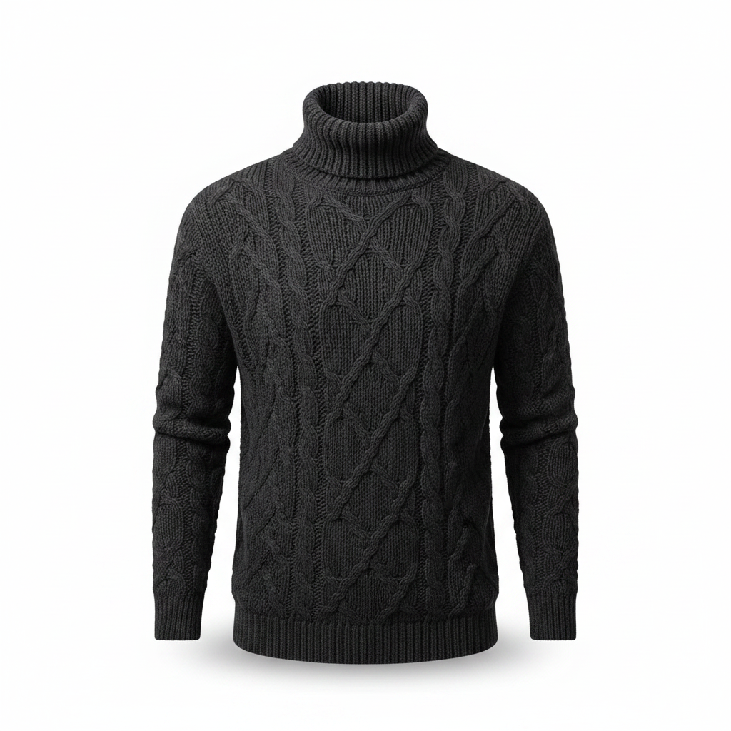 Men's Twisted Pattern Turtleneck Sweater – Ribbed Pullover with Long Sleeves for Comfort and Style