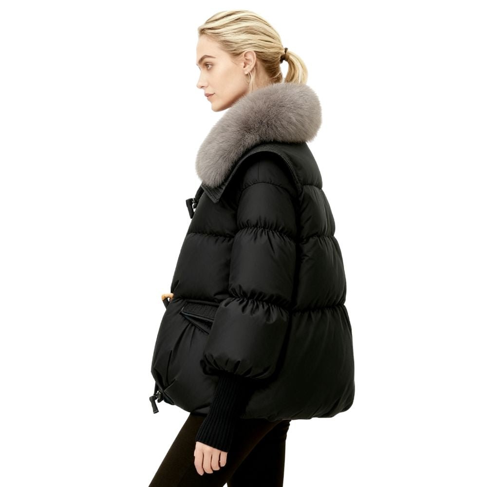 Women's Black Puffer Jacket with Detachable Fox Fur Collar – 800 Fill Power Winter Coat for Ultimate Warmth and Style 1