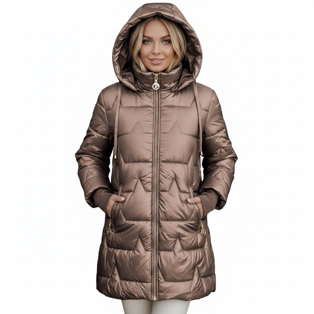 Women's Long Hooded Down Jacket with Zip Closure – Quilted Design for Cold Weather